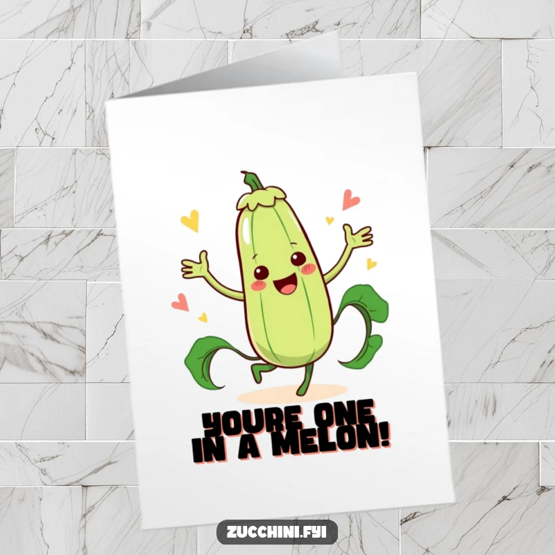 Funny Free Printable Congratulations Card of a zucchini character doing a happy dance with a large zucchini