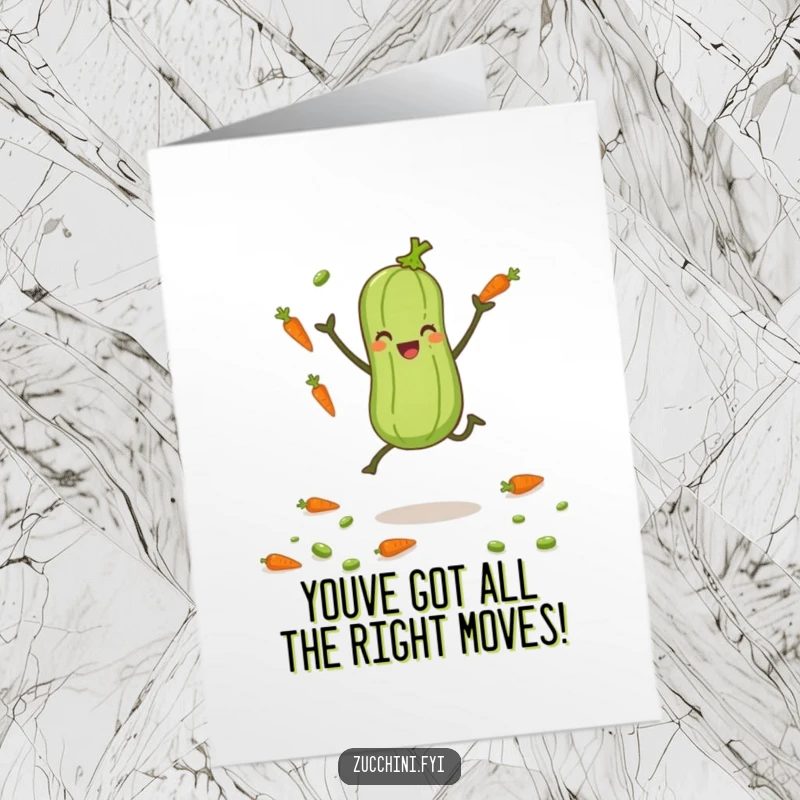 Funny Free Printable congratulations card of a zucchini with tiny legs joyfully juggling vegetables, celebrating a big win.