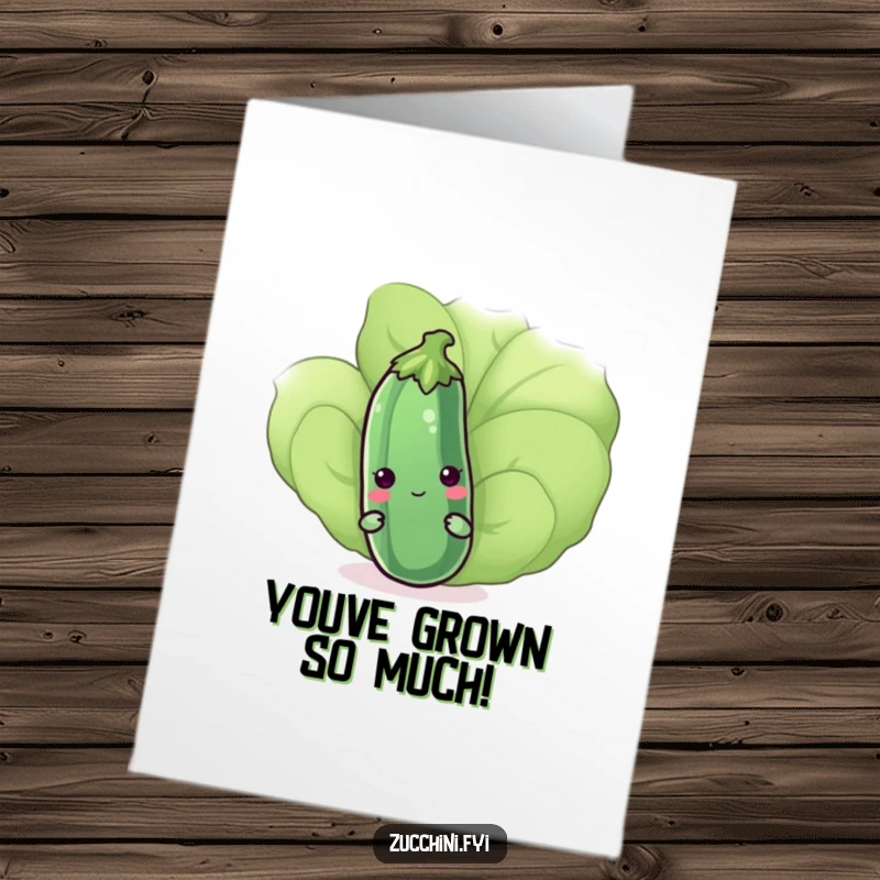 Funny Free Printable Congratulations Card: A bashful, cute kawaii zucchini peeking from behind a big leaf, offering shy congrats.