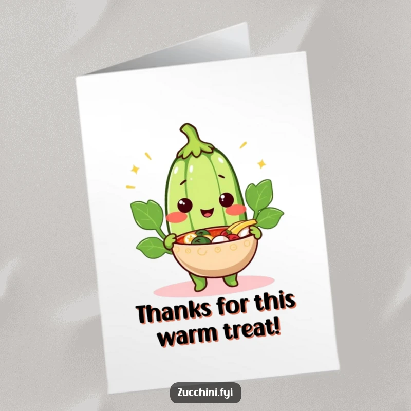 Funny Free Printable Cheerful Zucchini Thank You Card, holding a steaming bowl with a smile, offering heartfelt thanks.