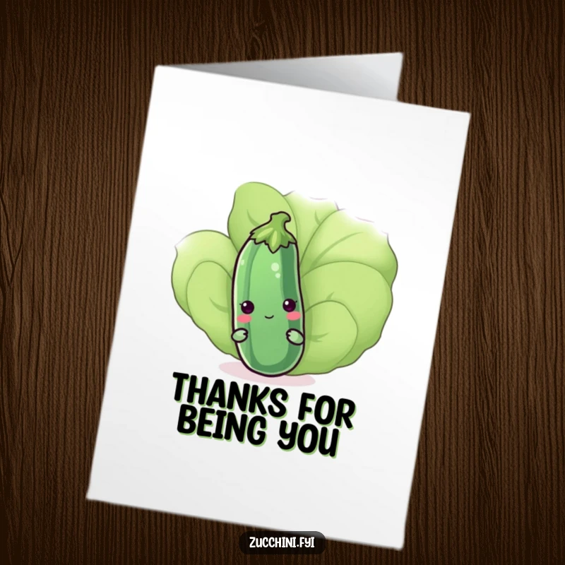 Funny Free Printable Thank You Card: A timid kawaii zucchini peeking from behind a leaf, offering a sweet thank you.