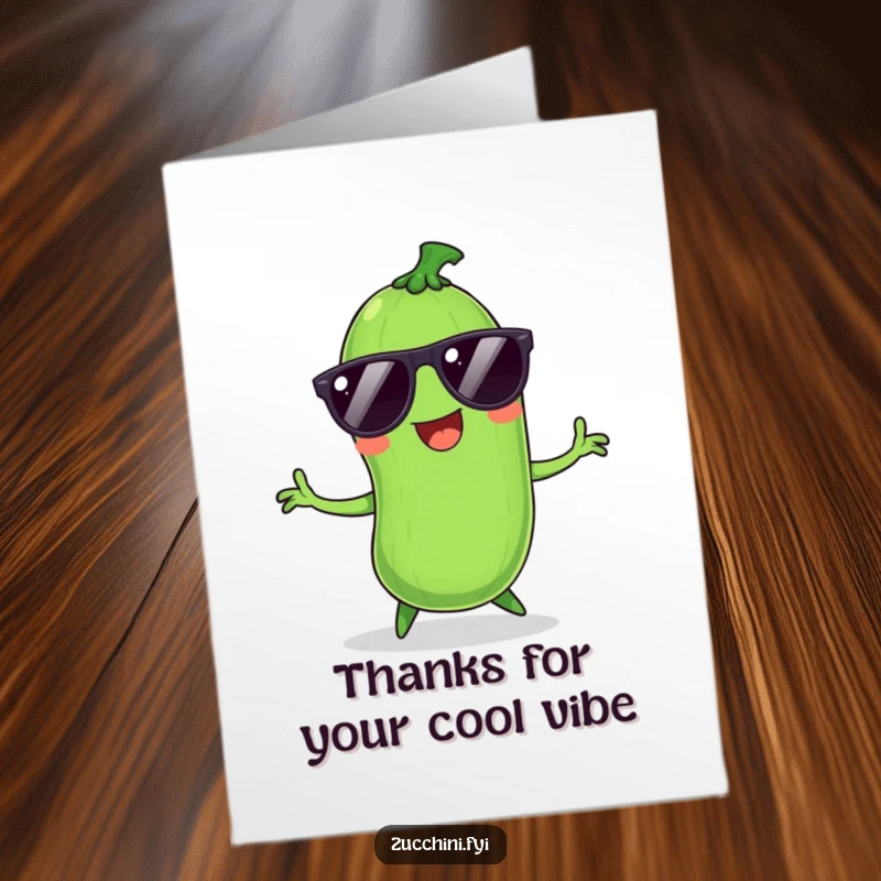 Funny Free Printable Thank You Card: A smiling zucchini in sunglasses performs a completely silly dance, thanking them with humor.