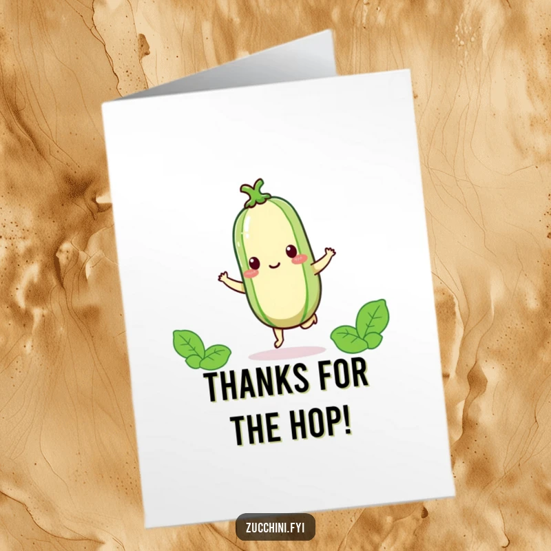 Funny Free Printable Thank You Card: A kawaii zucchini doing a cheerful one-footed hop, expressing happy thanks.
