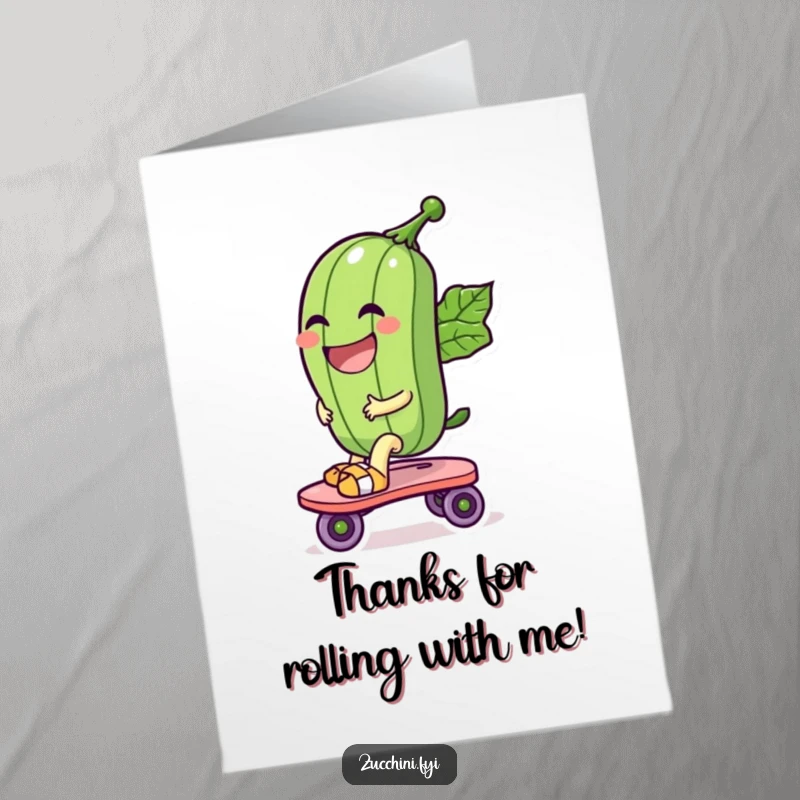 Funny Free Printable Thank You Card: A laughing zucchini zooms past on a leaf roller skate, expressing thanks with joy.