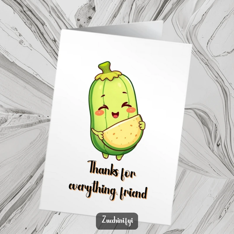 Funny Free Printable Thank You Card: A winking zucchini character playfully offers a slice of itself, conveying thanks with a humorous, generous gesture.
