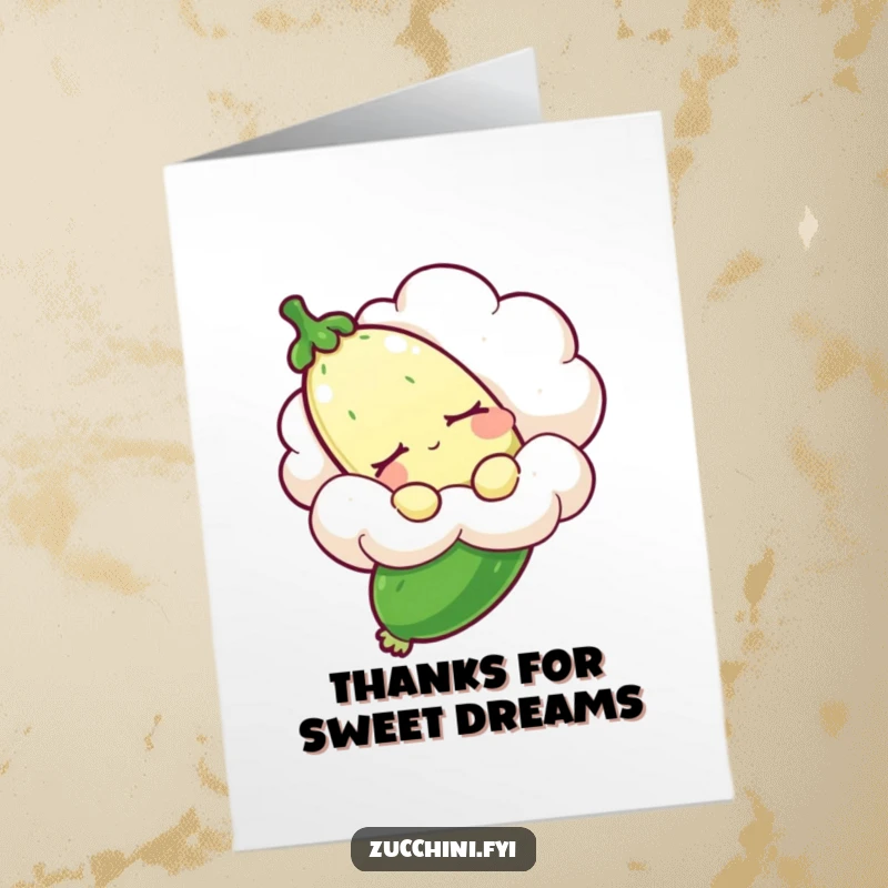 Funny Free Printable Thank You Card: Sleepy zucchini floating serenely on a cloud, a funny and gentle thank you.