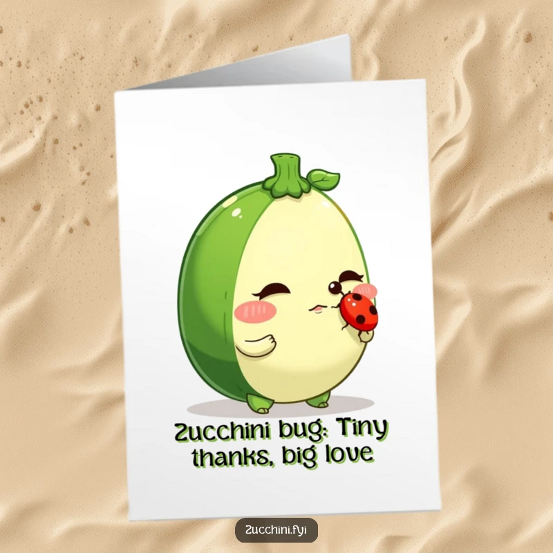 Funny Free Printable Thank You Card: A determined zucchini character balances a tiny ladybug on its nose, showing gratitude.