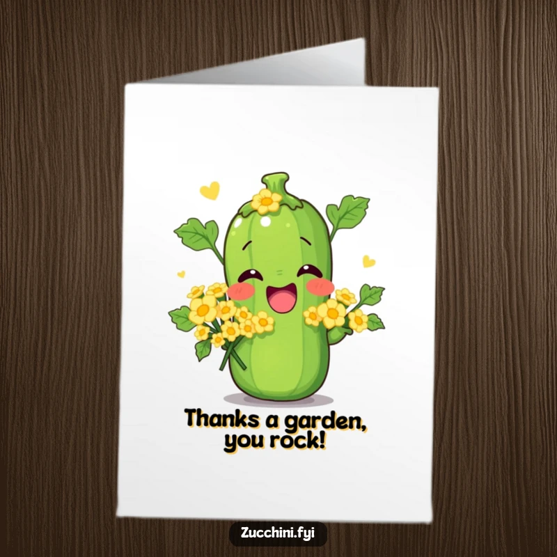 Funny Free Printable Thank You Card: Zucchini character striking a funny pose, holding a sweet bouquet of tiny zucchini blossoms.