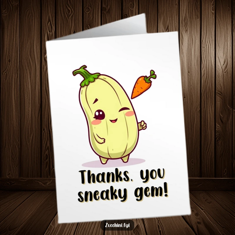 Funny Free Printable Thank You Card: A mischievous kawaii zucchini winking while playfully tossing a small carrot as thanks.