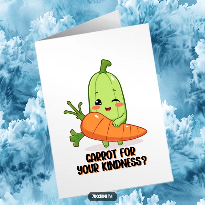 Funny Free Printable Thank You Card: Winking zucchini holding a comically large carrot, expressing thanks with a quirky, humorous touch.