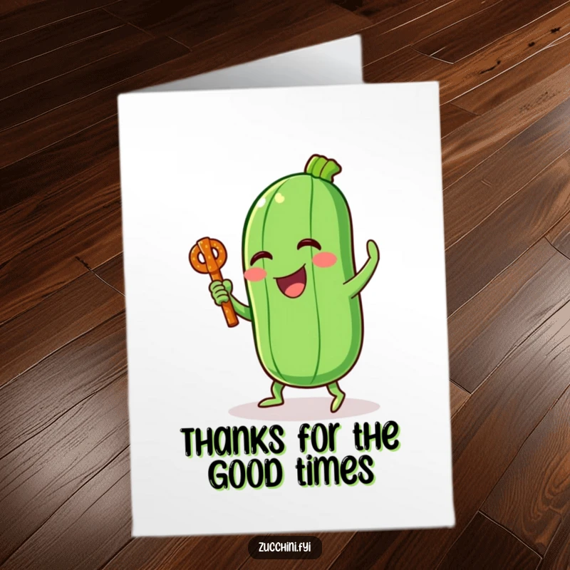 Funny Free Printable Thank You Card: A happy zucchini dancing with a pretzel stick, expressing thanks with pure silliness. A unique gift.