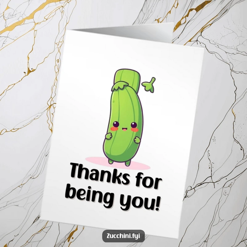 Funny Free Printable Thank You Card: Zucchini character making a playful peek from behind a giant, punctuation-filled exclamation mark.
