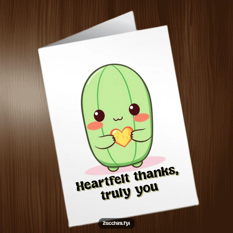 Funny Free Printable Thank You Card: Zucchini character blushing and offering a small, luminous heart.