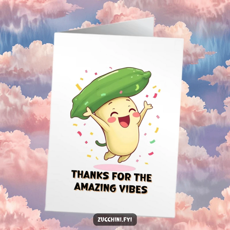 Funny Free Printable Thank You Card: Zucchini character leaping with joy, scattering confetti all around.