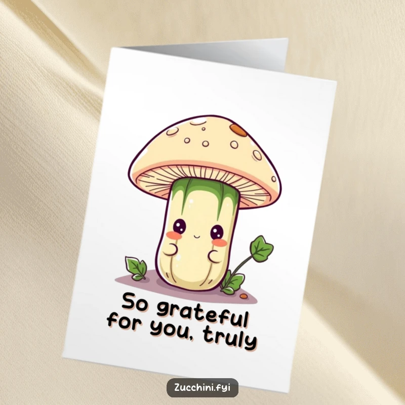 Funny Free Printable Thank You Card: A curious zucchini peeks from under a mushroom, sending thanks with a playful, hidden charm.