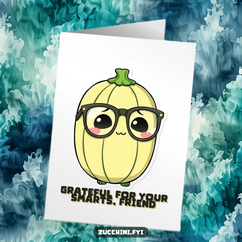 Funny Free Printable Thank You Card: A bewildered zucchini with oversized spectacles, sending thanks with a comical look.