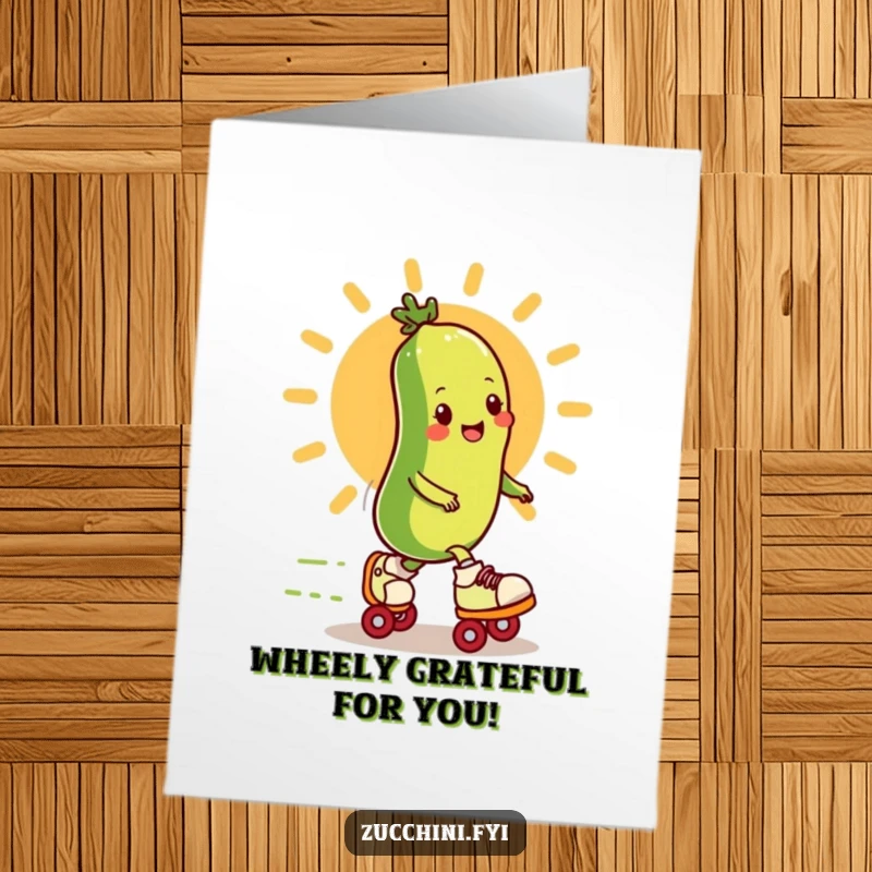 Funny Free Printable Thank You Card: Zucchini on Roller Skates Speeding Past Sun, Expressing Quick and Humorous Gratitude