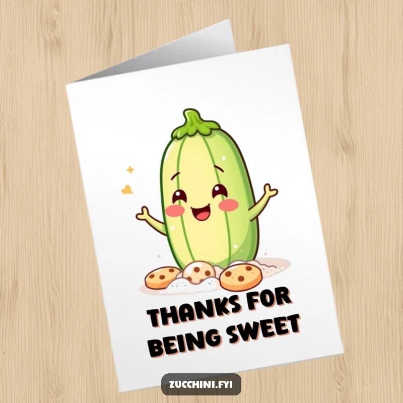 Funny Free Printable Thank You Card featuring a jubilant zucchini covered in flour, winking happily.