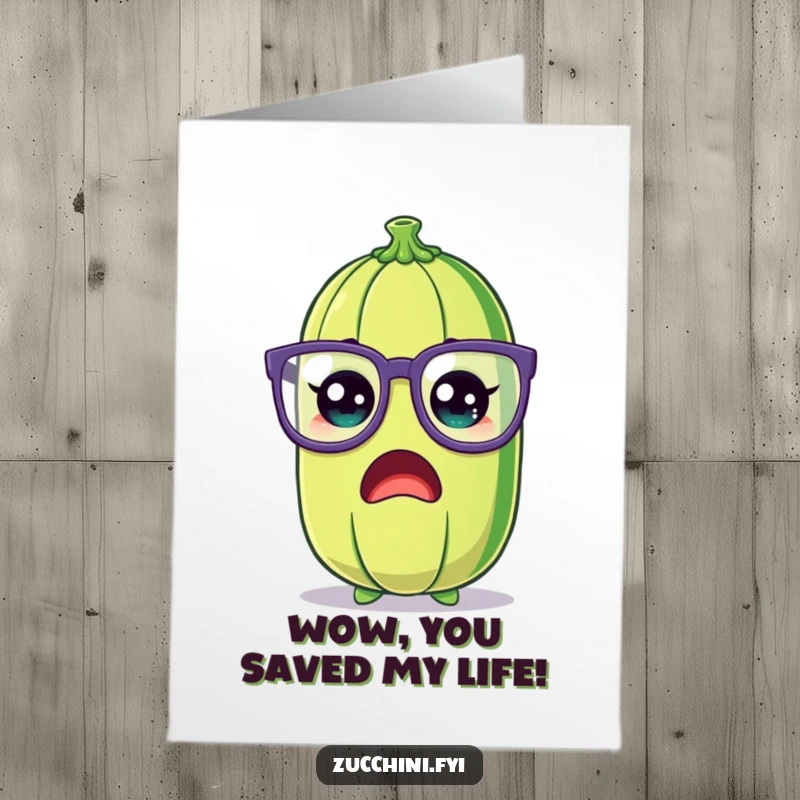 Funny Free Printable Thank You Card featuring a shocked zucchini wearing oversized silly glasses, showing surprised appreciation.