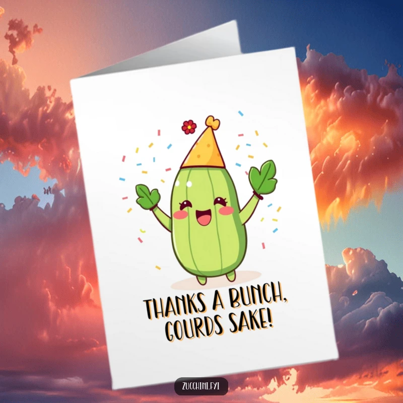 Funny Free Printable Thank You Card: Glee zucchini in a party hat, tossing confetti to express thanks humorously.