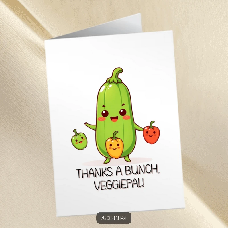 Funny Free Printable Thank You Card with a beaming zucchini juggling peppers, a delightful way to express gratitude.