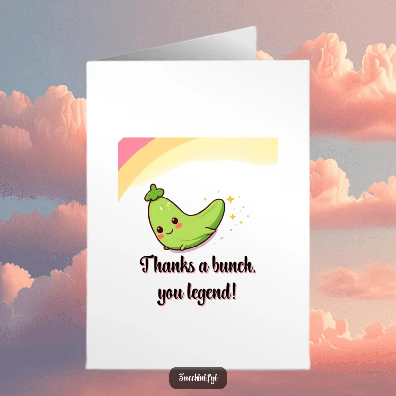 Funny Free Printable Thank You Card: Zucchini character having a blast sliding down a sparkly rainbow, spreading joy.