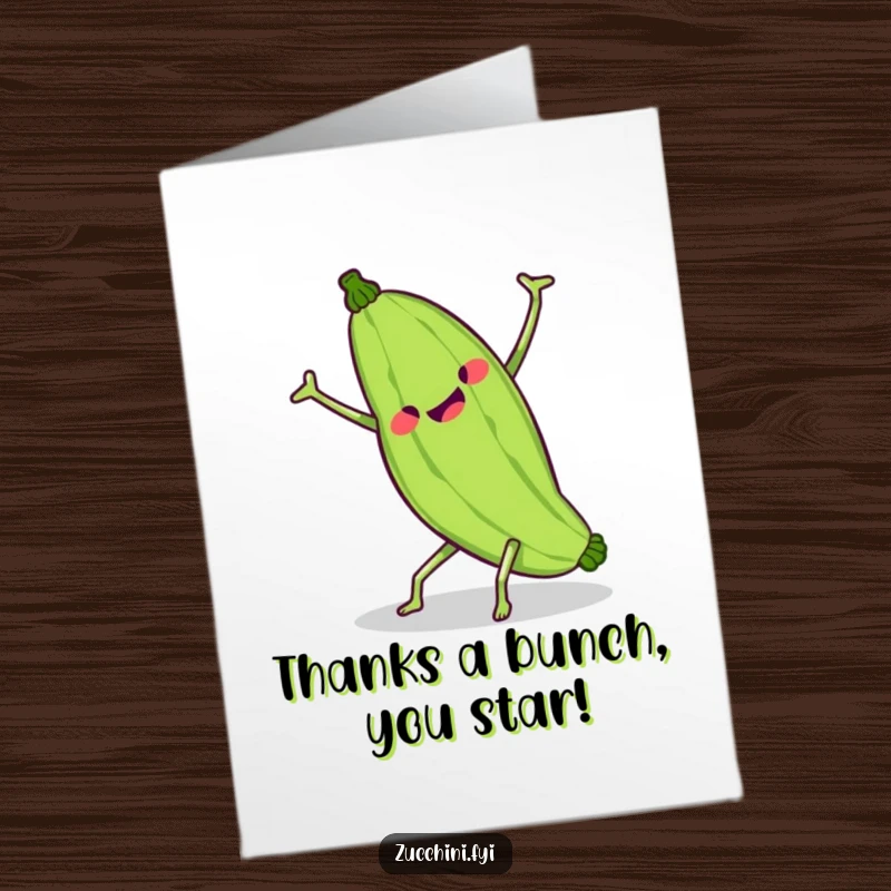 Funny Free Printable Thank You Card: A kawaii zucchini comically wobbling mid-cartwheel, a unique way to say thanks.