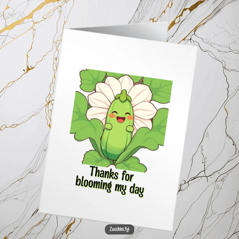 Funny Free Printable Thank You Card featuring a laughing zucchini character peeking out from behind a giant zucchini blossom