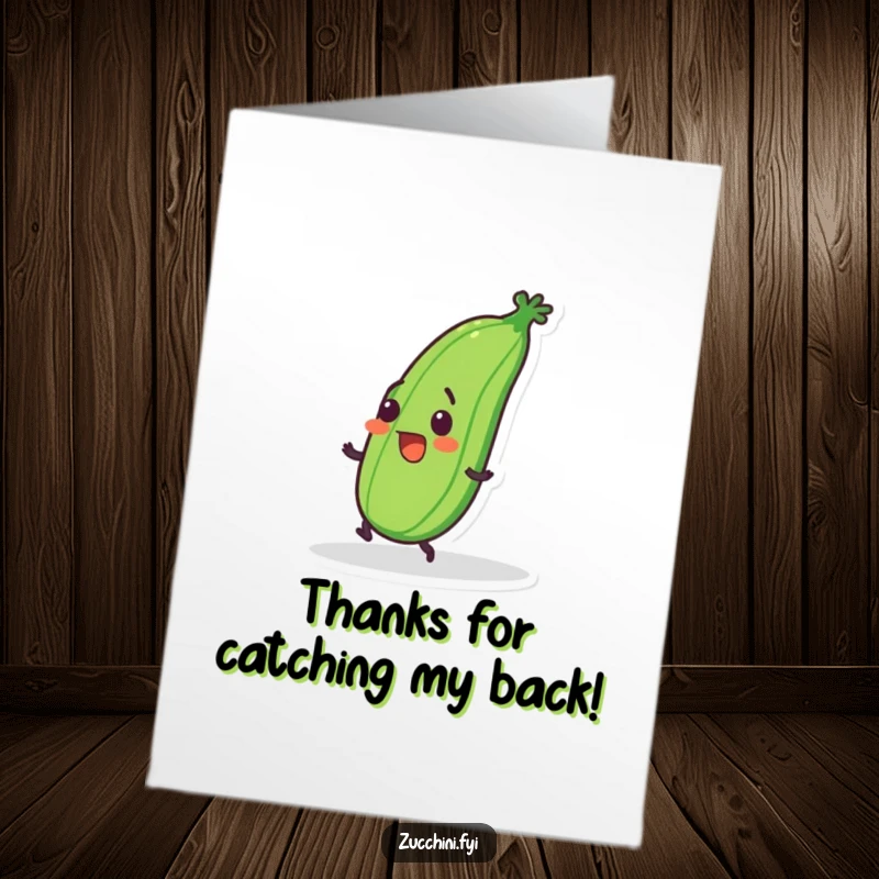 Funny Free Printable Thank You Card: Wobbly Zucchini Character Surprised While Tripping Over Feet, Grinning