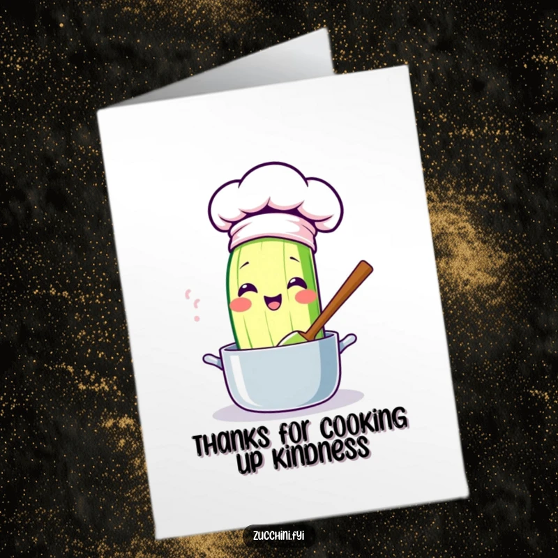 Funny Free Printable Thank You Card: Kawaii zucchini chef stirs a pot, serving up sincere thanks with a dash of humor.