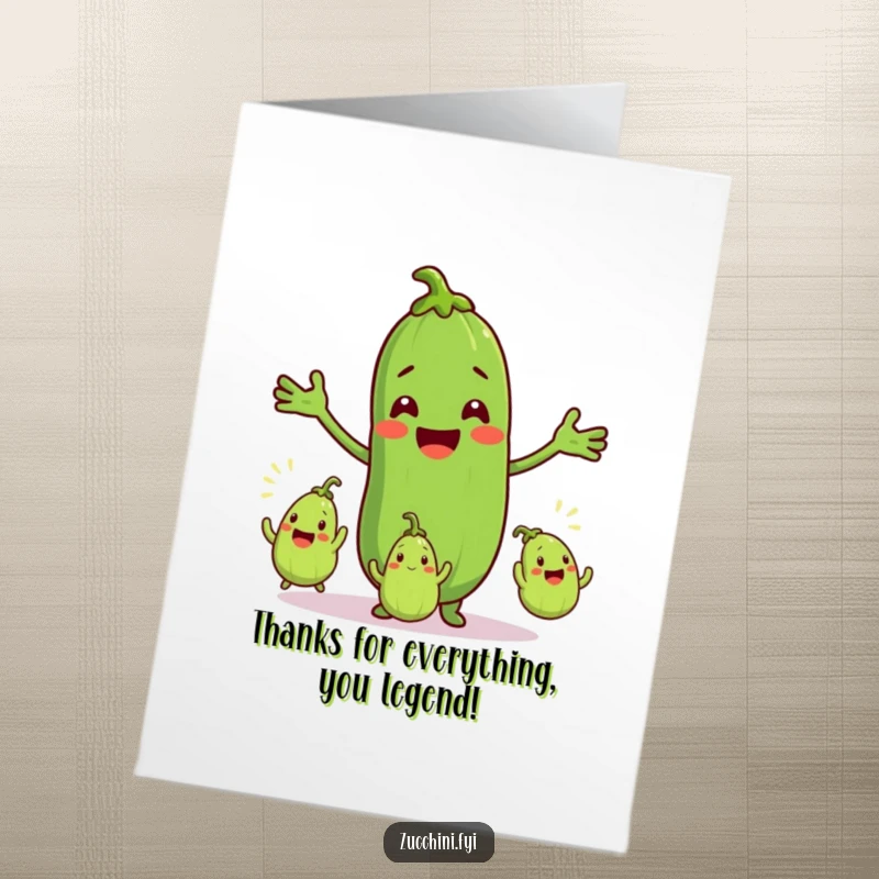 Funny Free Printable Thank You Card: A smiling zucchini cheerfully juggles three tiny zucchinis, showing immense thanks.