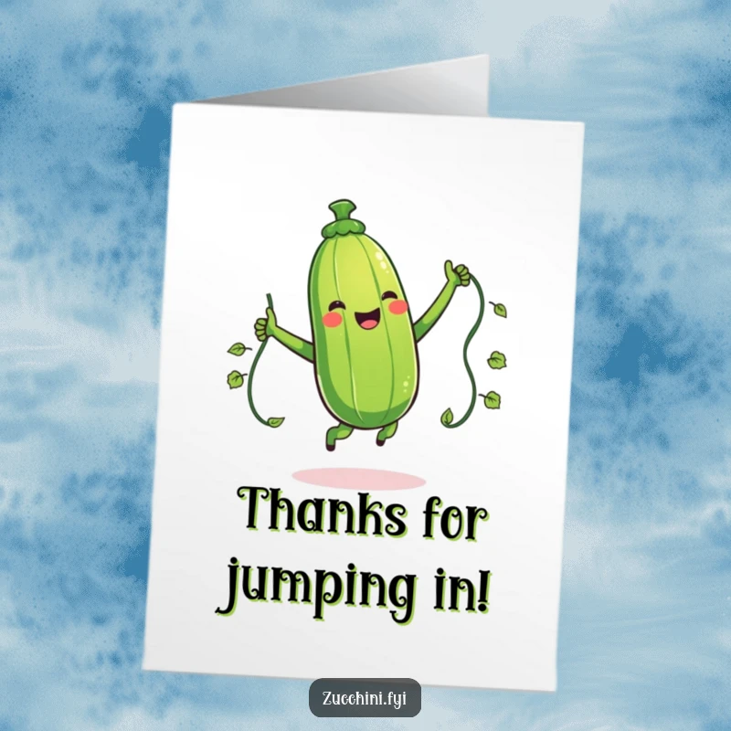 Funny Free Printable Thank You Card: A giggling zucchini jumps rope with a vine, energetically expressing thanks.