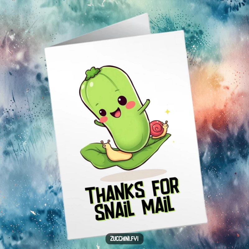 Funny Free Printable Thank You Card: Cheerful zucchini in a slow race against a snail, humorously expressing thanks.