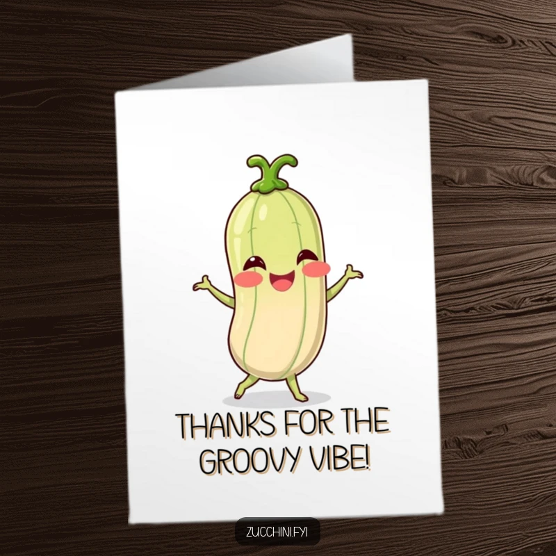 Funny Free Printable Thank You Card: Giggling spiralized zucchini character in a silly dance pose, conveying thanks.