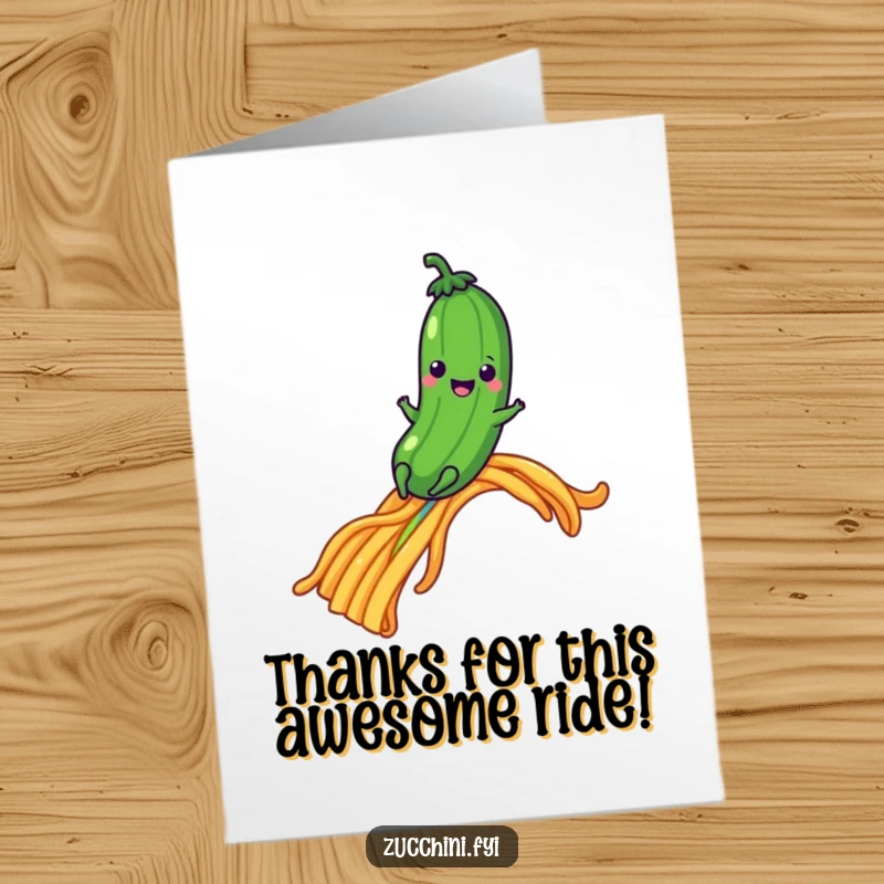 Funny Free Printable thank you card: a happy zucchini slides down a pasta rainbow, sending thanks with colorful charm.