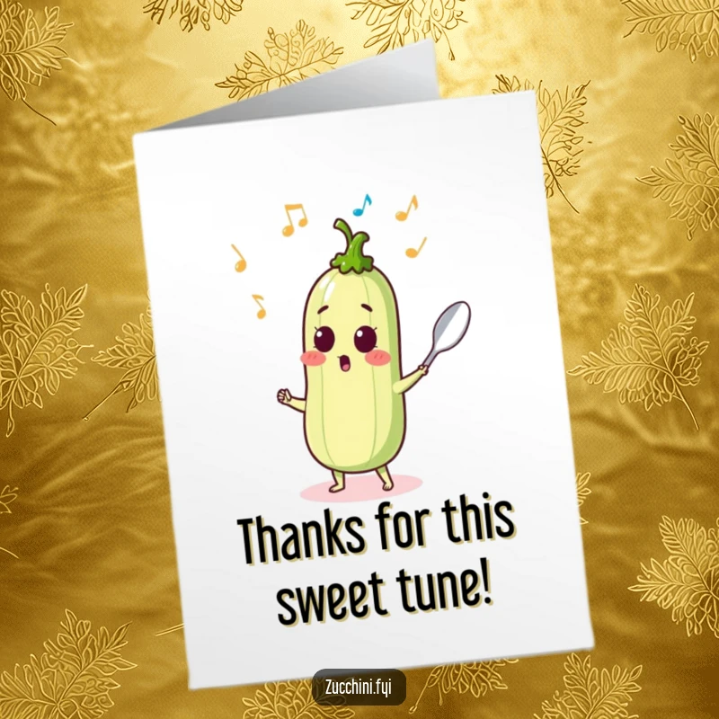 Funny Free Printable thank you card: a surprised zucchini dances with a spoon, musical notes swirling, expressing thanks musically.