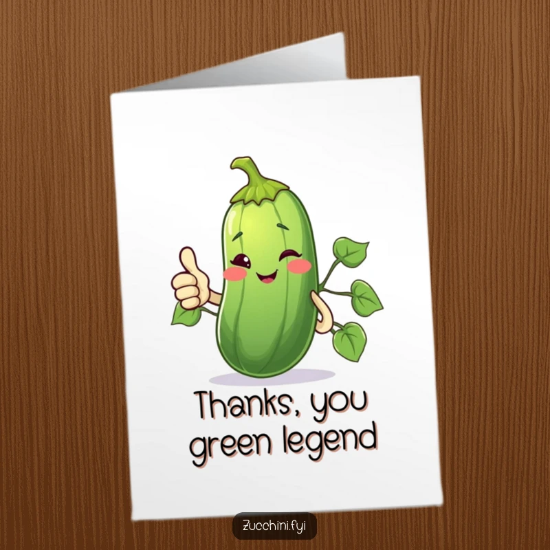 Funny Free Printable Thank You Card: Zucchini winking and giving a thumbs up with its vine. A cool, humorous, and thankful message.