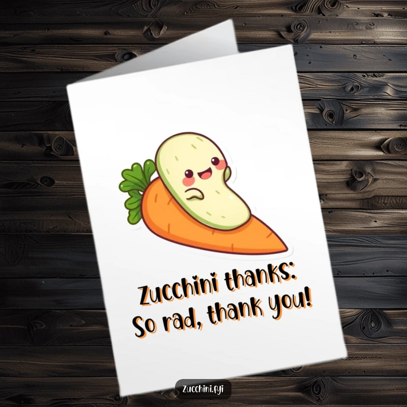 Funny Free Printable Thank You Card: A playful zucchini character slides down a carrot, expressing silly gratitude.