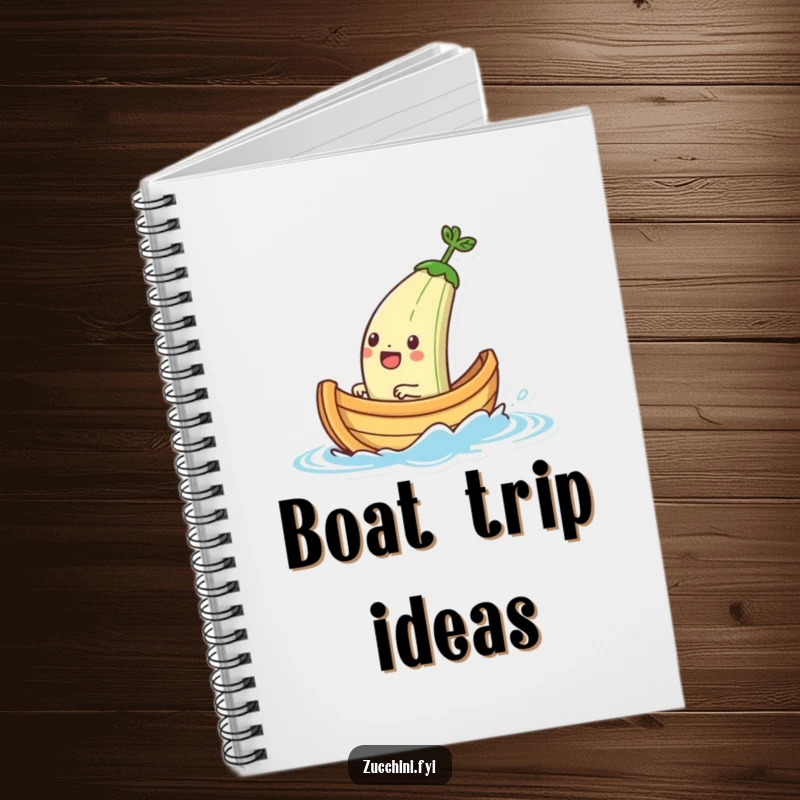 Funny notebook with a jubilant zucchini boat character sailing, ideal for jotting down travel plans and funny seafaring tales.