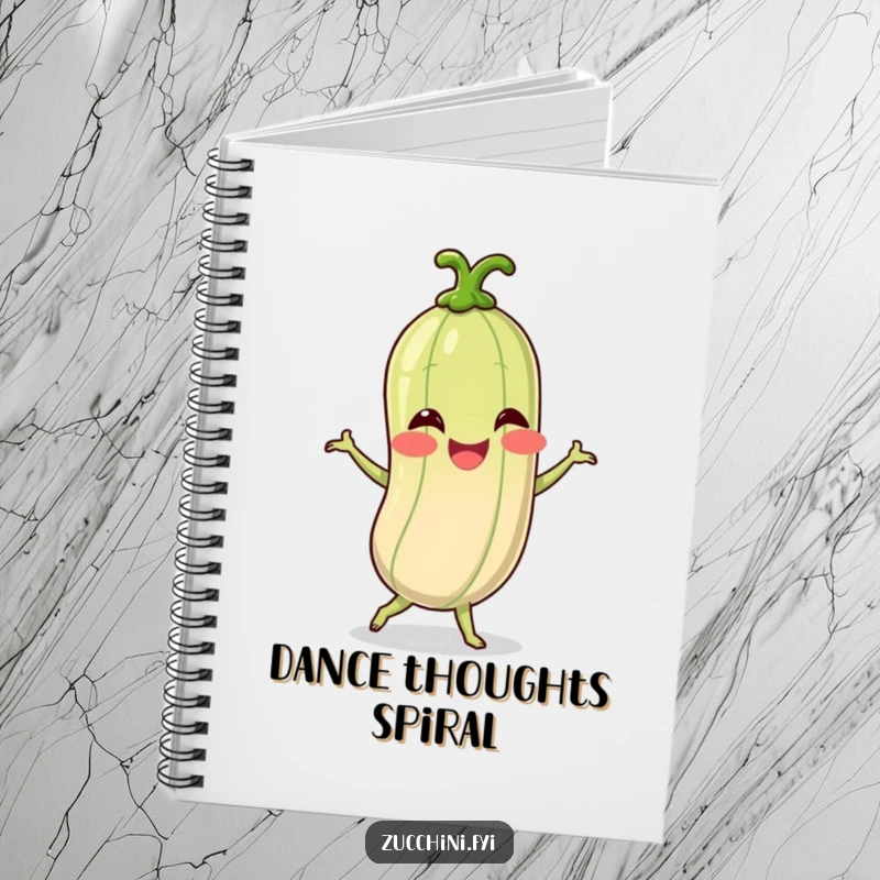 Funny notebook with a giggling spiralized zucchini character dancing, ideal for brainstorming dance moves and jotting down funny ideas.