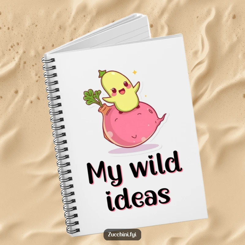 Funny giddy zucchini notebook featuring an excited vegetable bouncing on a giant radish, ideal for jotting down energetic ideas.