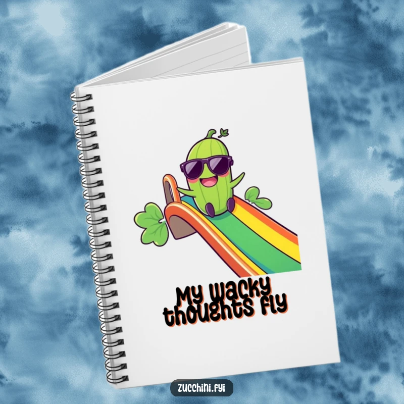 Funny Giggling Zucchini Notebook: A fun notebook with a giggling zucchini in sunglasses sliding down a rainbow, inspiring creative and humorous entries.