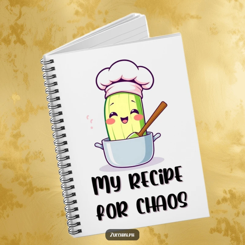 Funny kawaii zucchini notebook, featuring a cute chef zucchini stirring a pot, ideal for jotting down funny recipes and culinary ideas.