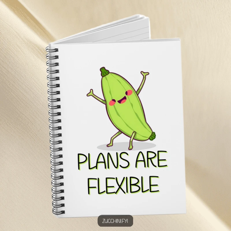 Funny kawaii zucchini attempting a cartwheel, its wobbly limbs inspiring creative thoughts in this cute notebook.