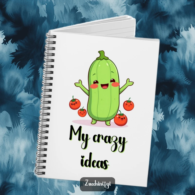 Funny kawaii zucchini notebook, featuring a cute zucchini juggling happy tomatoes, ideal for jotting down funny recipes and creative ideas.