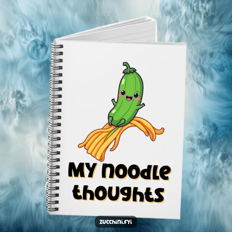 Funny zucchini character sliding on a pasta rainbow, a humorous notebook for journaling.