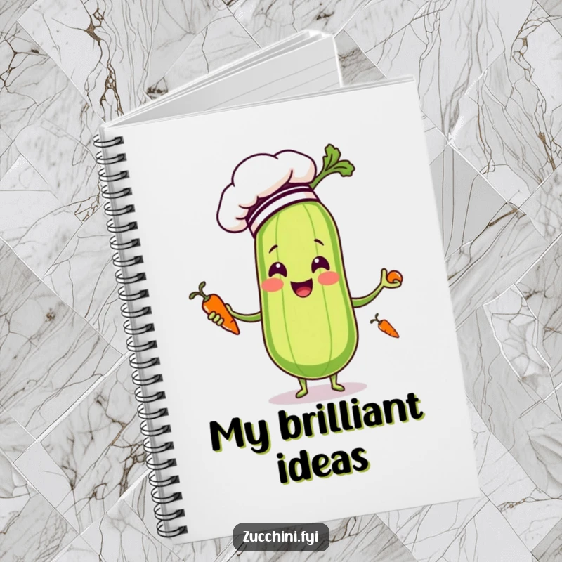 Funny zucchini chef juggling vegetables on the cover of a notebook, ready for jotting down ideas.