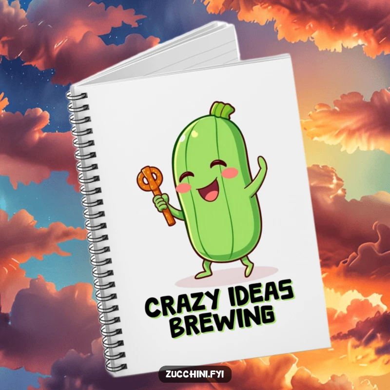 Funny notebook cover featuring a laughing zucchini character performing a silly dance with a pretzel stick, great for notes.