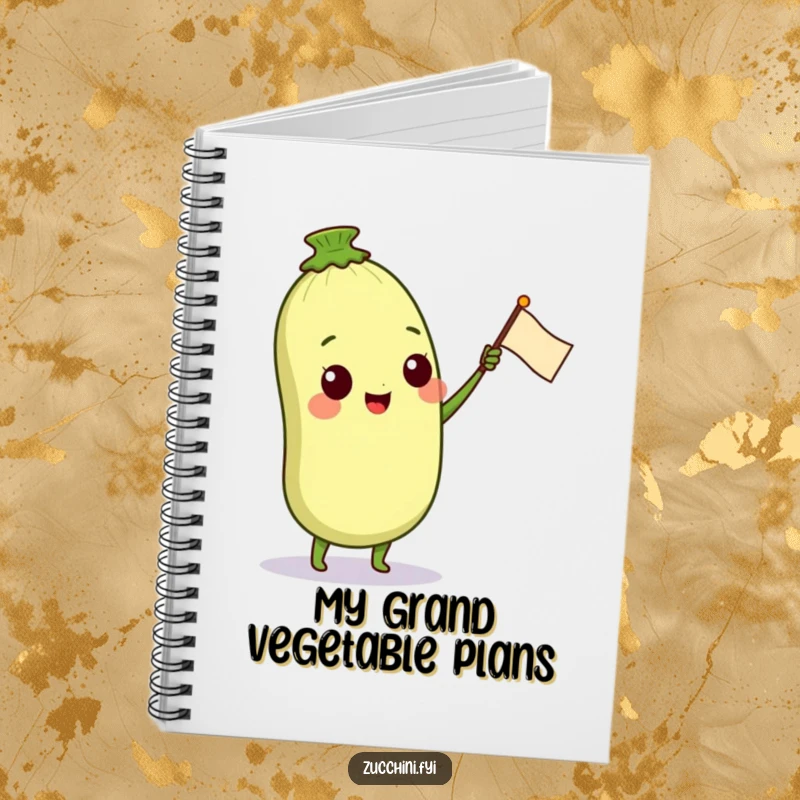 Funny notebook with a cheerful anthropomorphic zucchini character waving a small petal flag, ideal for jotting down notes, ideas, or daily reflections with a smile.