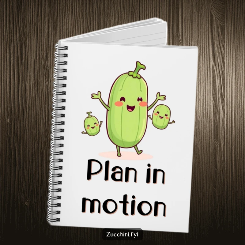 Funny zucchini juggling smaller zucchinis, adorning a notebook cover, perfect for funny gift ideas.